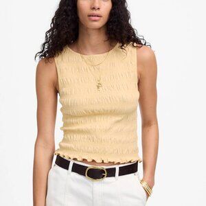 Madewell Smocked Cotton Linen Blend Ruffle Hem Boatneck Tank Yellow Size XS NWT
